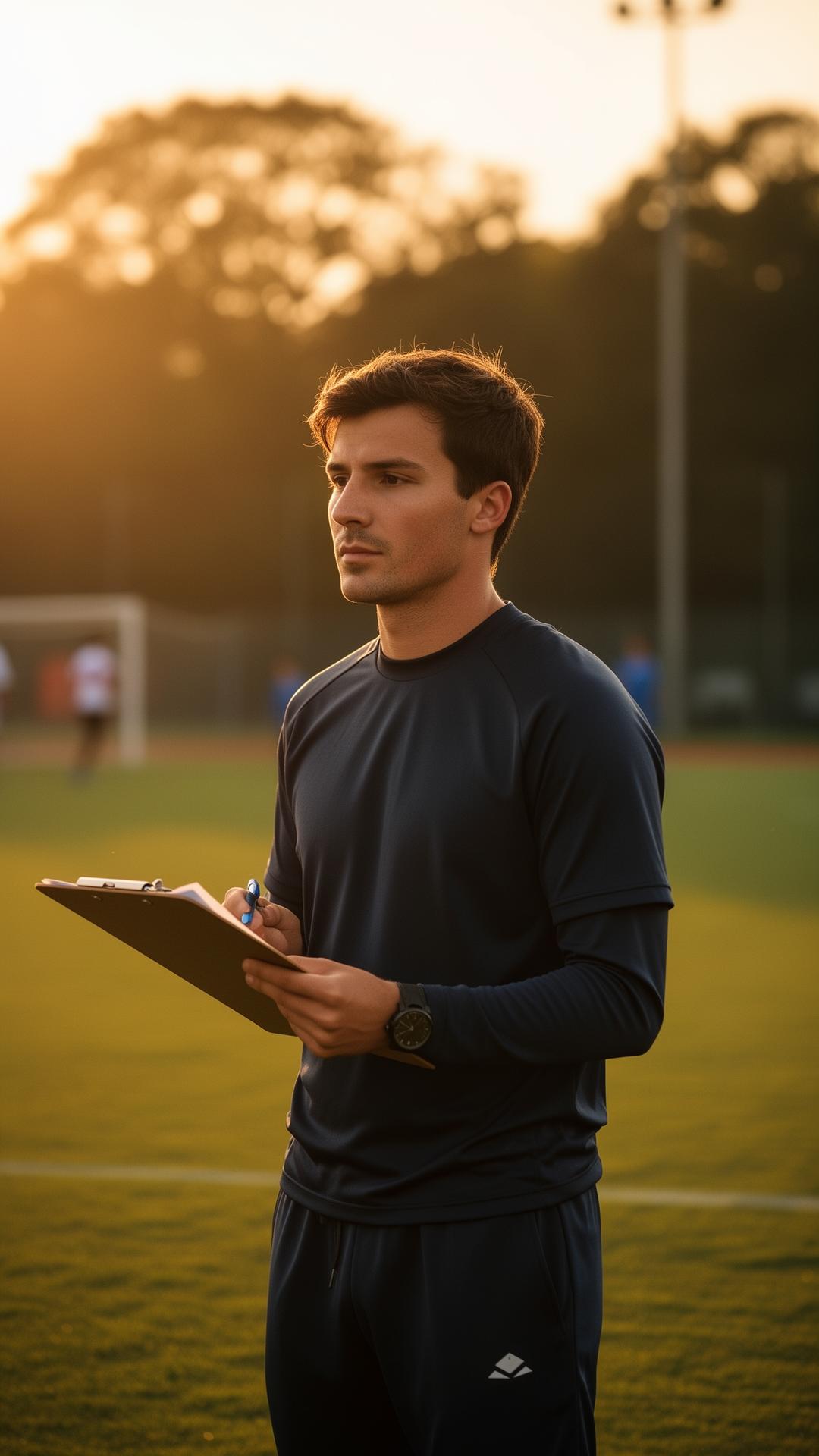 A youth team coach on the field at golden hour