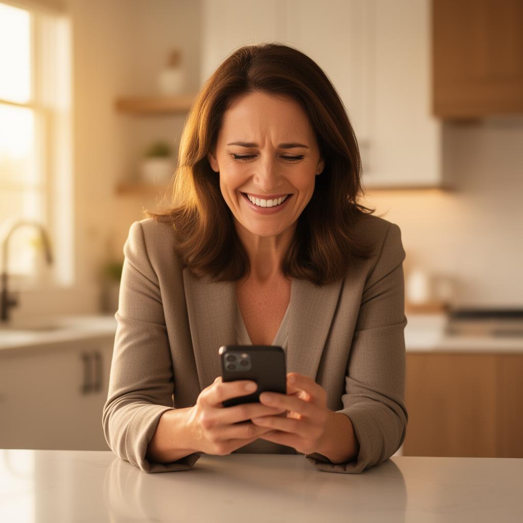 A program director smiling while reading sponsor replies on her phone